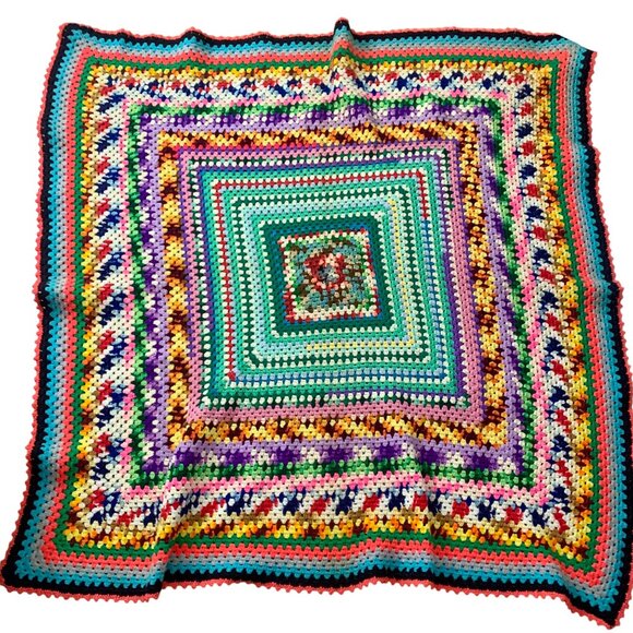 Handcrafted Bright Neon Multicolored Granny Square Crochet Blanket 63" x 57" - Picture 2 of 3